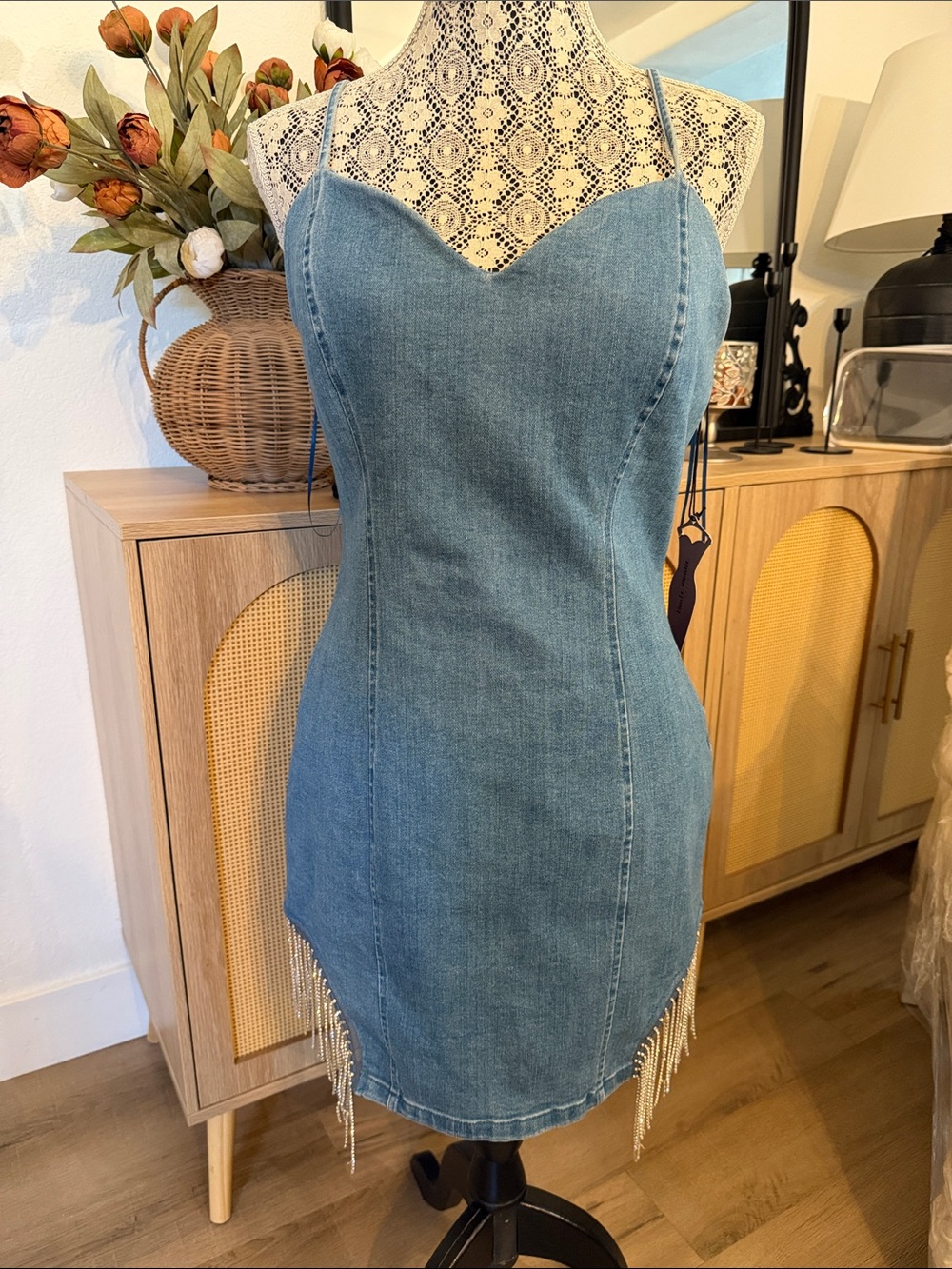 Haute Monde Blue Denim Spaghetti Strap Mini Dress with Beaded Fringe